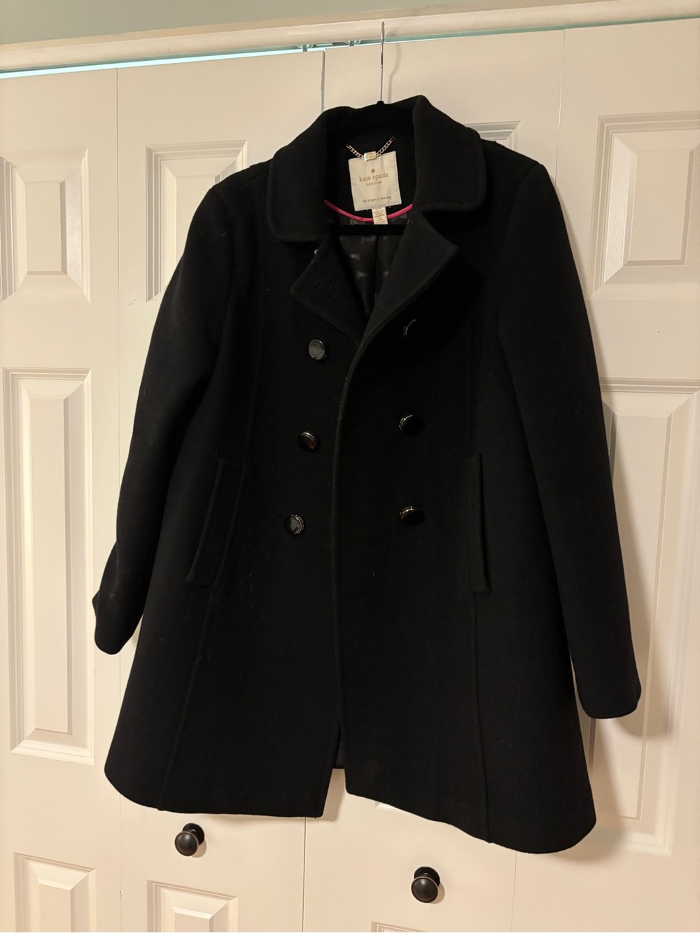 kate spade Black Double-Breasted Wool Pea Coat with Notch Collar